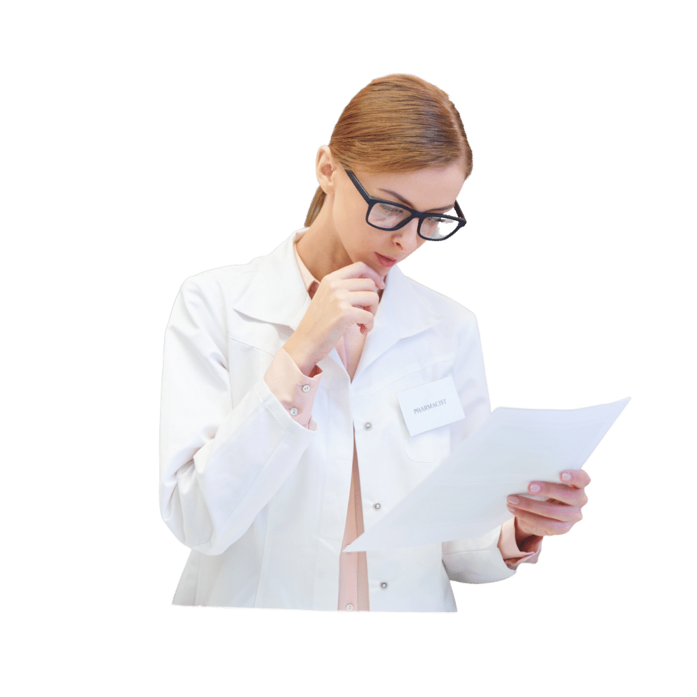 Female pharmacist in white lab coat