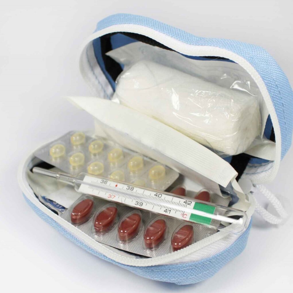 a medical kit illustrating the preparedness of certain travelers and the importance being recognised of travel health . 