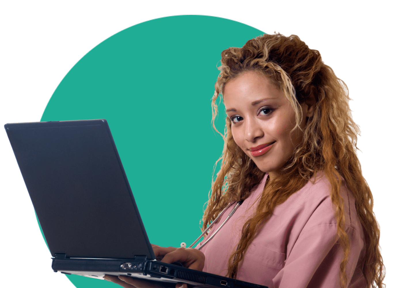 Lady with laptop posing for Health Academy 