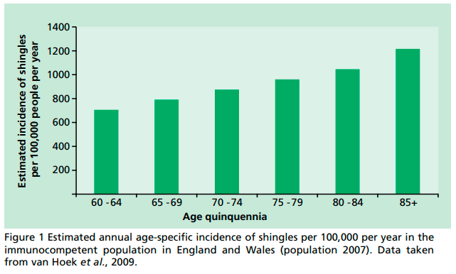 Shingles distribution and epidemiology relating to vaccination ages 