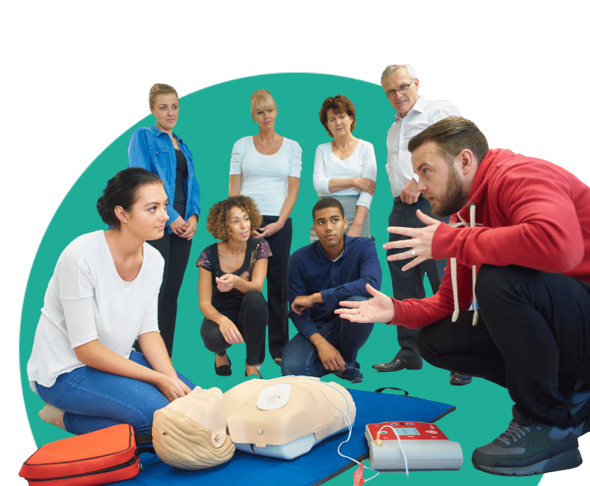 image showing an instructor teaching basic life support, BLS, defibrilator