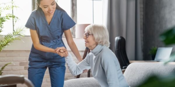 Image of a nurse helping an elderly woman out of her chair. The importance of person-centred care is a key feature in the Comprehensive Assessment of Older People Course