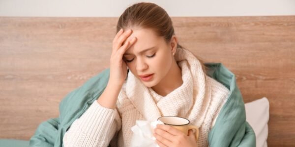An unwell person holding a mug and tissues