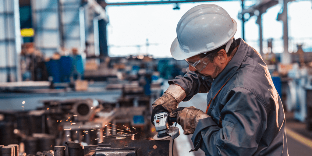 A worker using a a metal cutting implement, wearing safety gloves, glasses and a hard hat. Demonstrating the importance of Hand Arm Vibration Awareness Training.