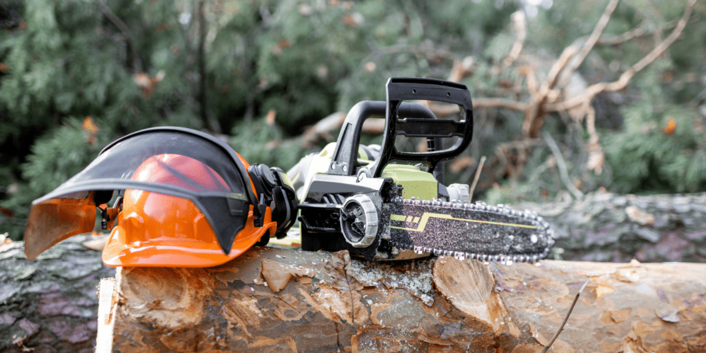 A chainsaw and protective helmet sat ontop of a fallen tree