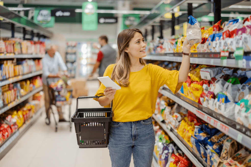 A woman selecting an item from a supermarket shelf