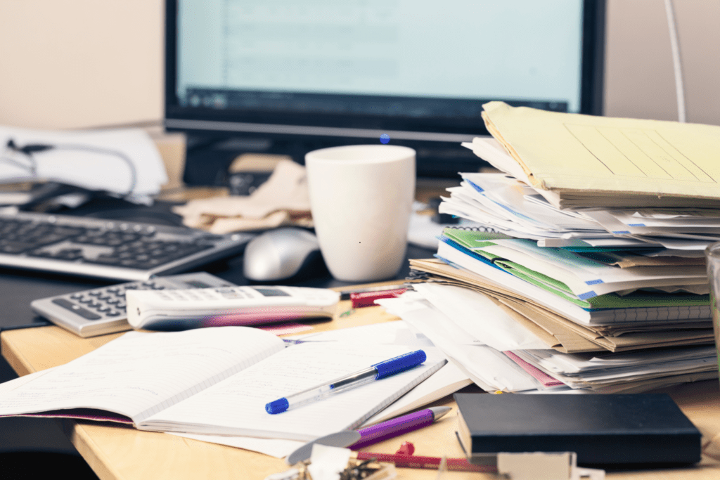 A home desk with a stack of documents covering it.